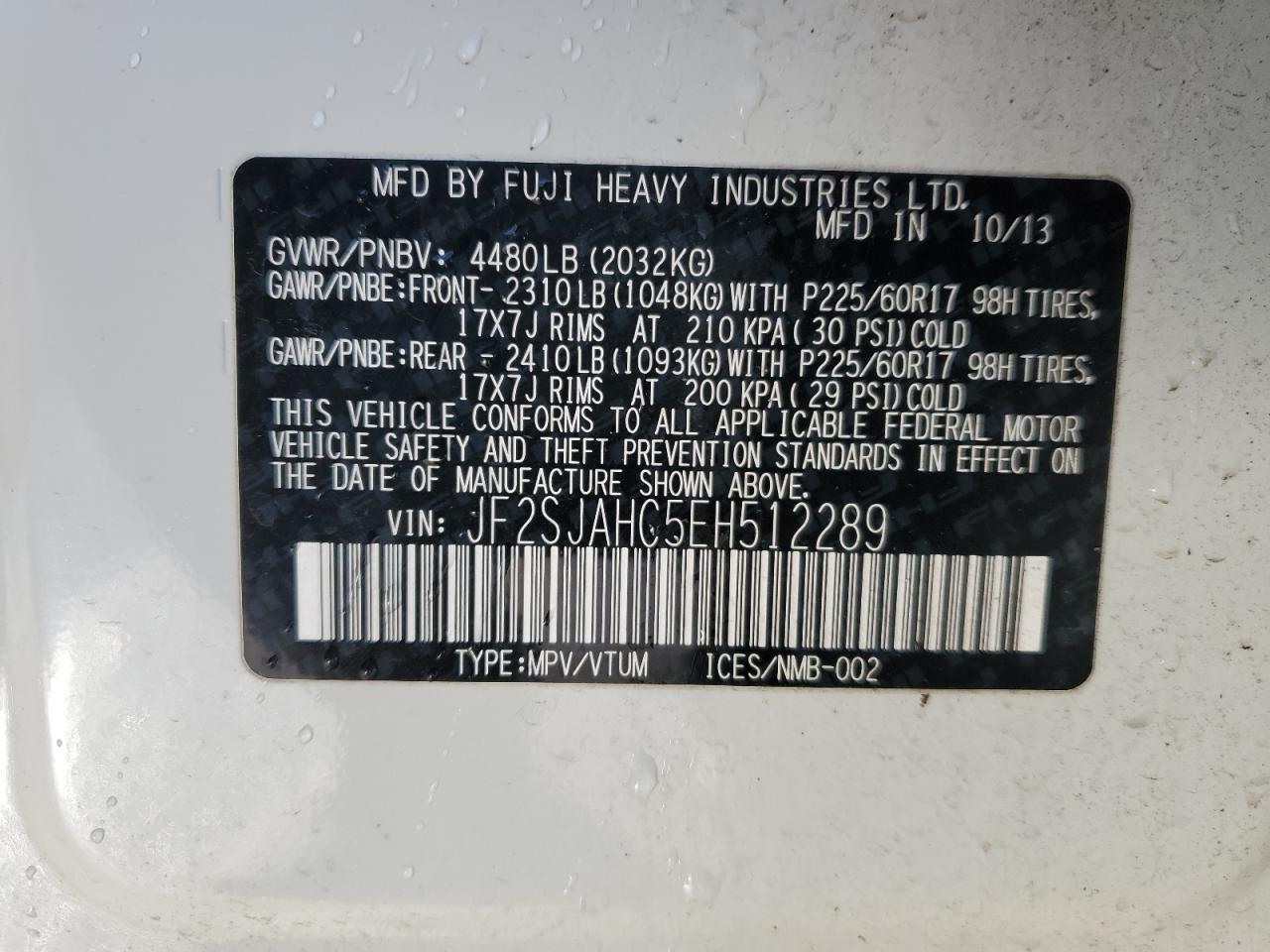 2014 Subaru Forester VIN JF2SJAHC5EH512289 Copart auction photo, front end / minor dent/scratches damage thumbnail 14