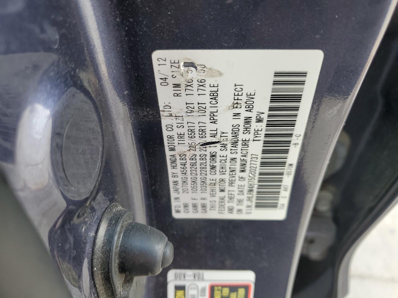 2012 Honda CR-V VIN JHLRM4H75CC027737 Copart auction photo, front end damage thumbnail 14