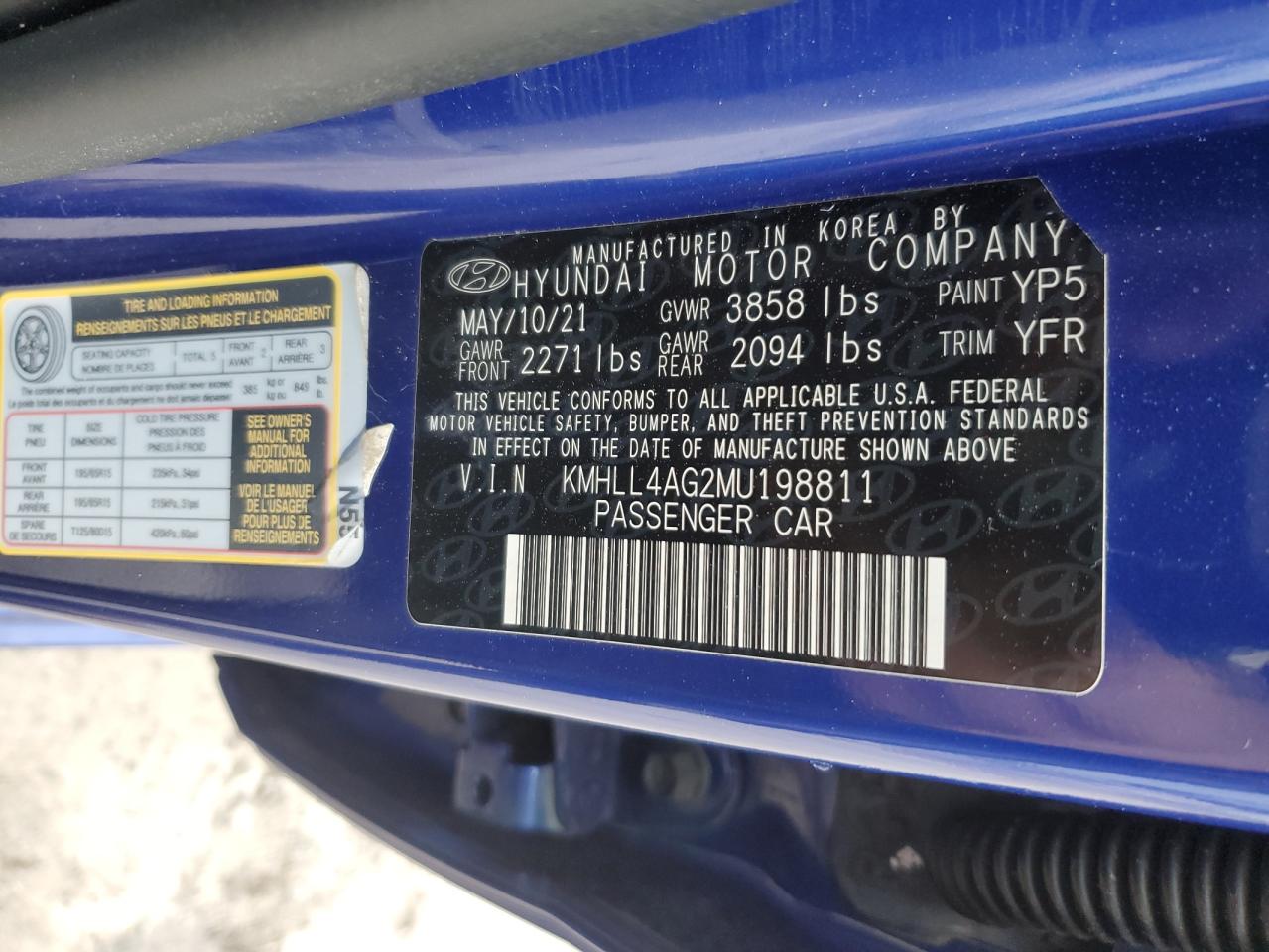 2021 Hyundai Elantra VIN KMHLL4AG2MU198811 Copart auction photo, side damage thumbnail 14