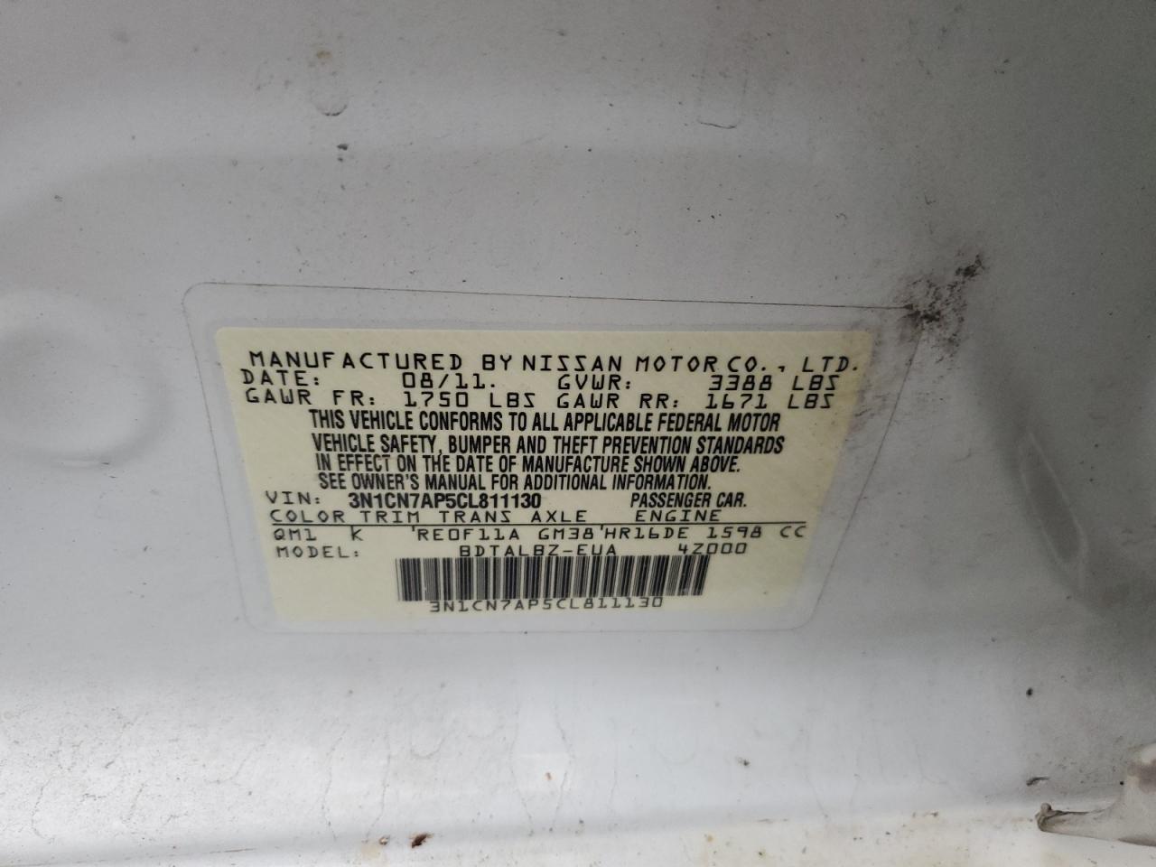 2012 Nissan Versa VIN 3N1CN7AP5CL811130 Copart auction photo, side / front end damage thumbnail 12