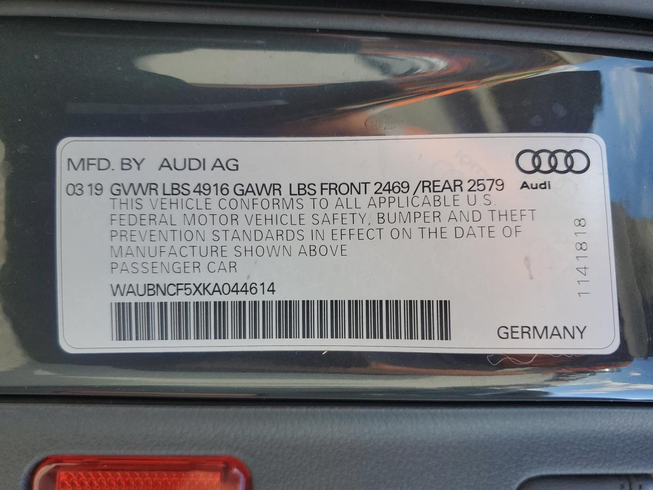 2019 Audi A5 VIN WAUBNCF5XKA044614 Copart auction photo, top/roof damage thumbnail 12