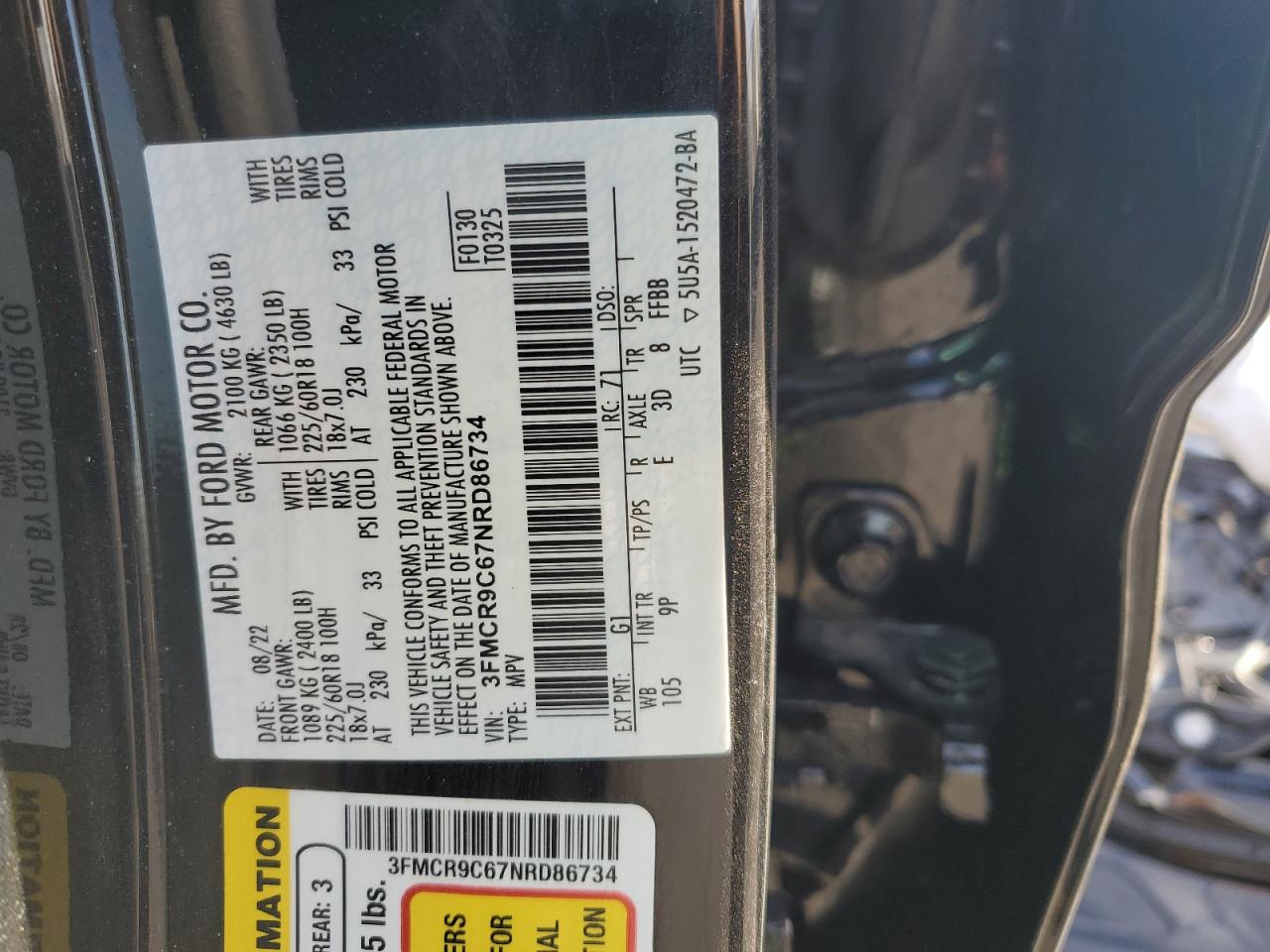 2022 Ford Bronco VIN 3FMCR9C67NRD86734 Copart auction photo, side / mechanical damage thumbnail 14
