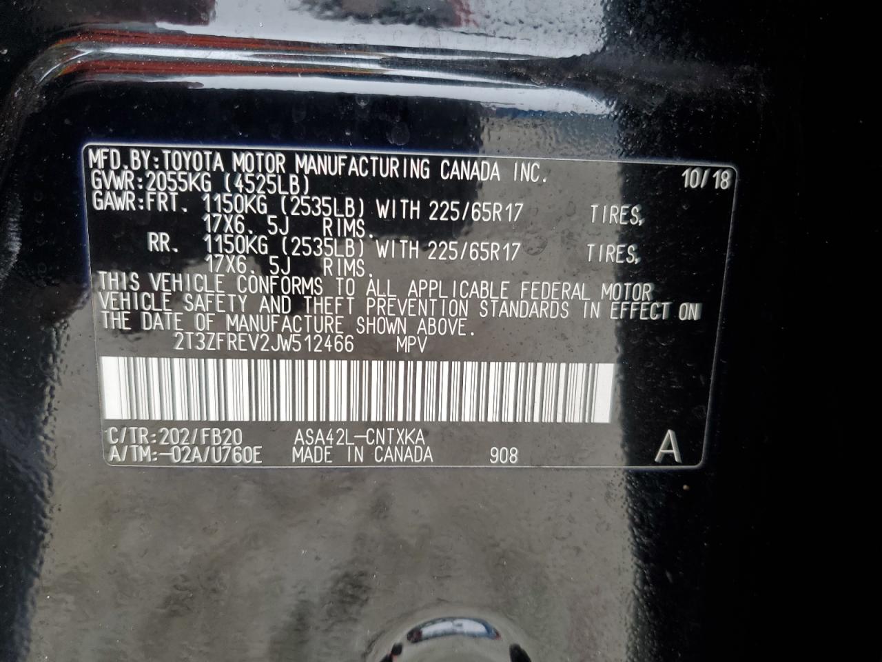 2018 Toyota RAV 4 VIN 2T3ZFREV2JW512466 Copart auction photo, rear end damage thumbnail 16