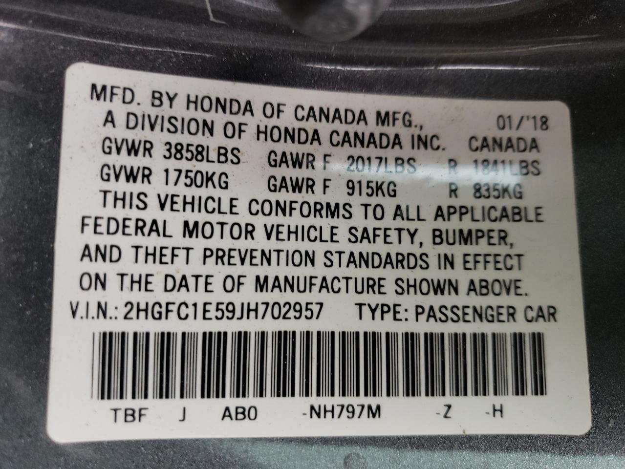 2018 Honda Civic VIN 2HGFC1E59JH702957 Copart auction photo, rear end / minor dent/scratches damage thumbnail 13
