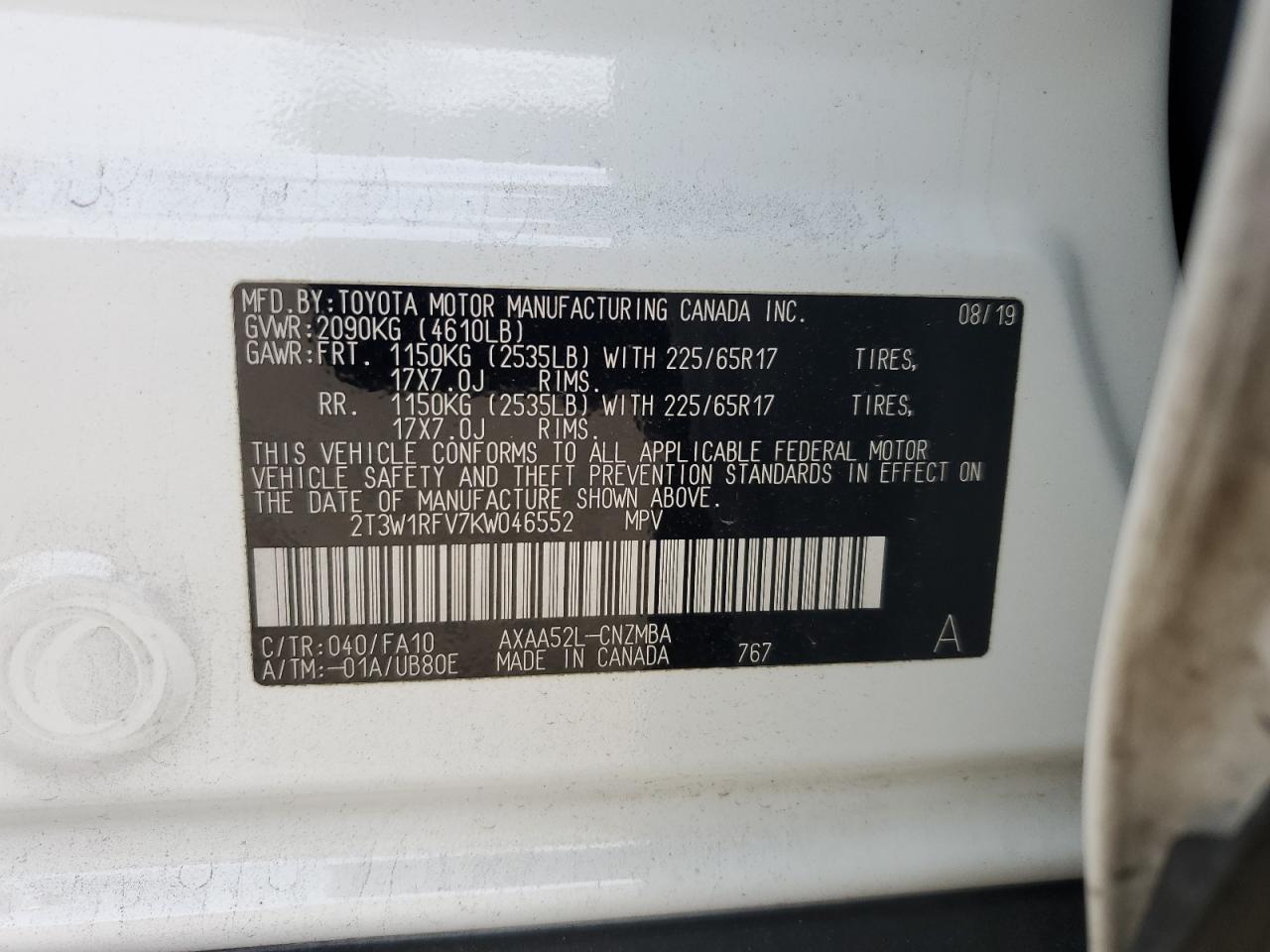 2019 Toyota RAV 4 VIN 2T3W1RFV7KW046552 Copart auction photo, rear end damage thumbnail 14