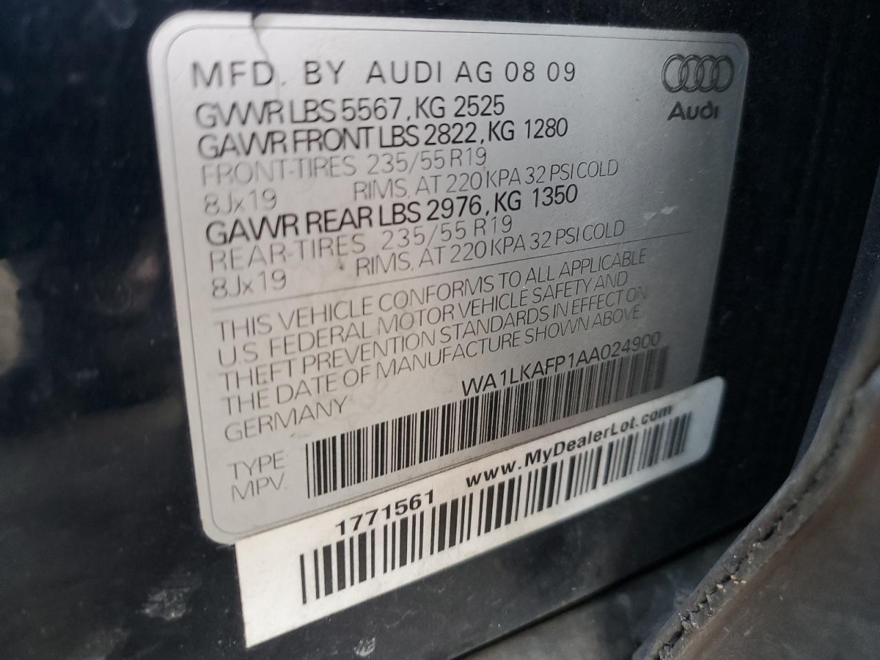 2010 Audi Q5 VIN WA1LKAFP1AA024900 Copart auction photo, mechanical / side damage thumbnail 13