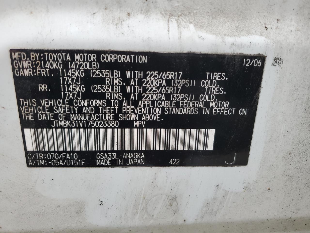 2007 Toyota RAV 4 VIN JTMBK31V175023380 Copart auction photo, front end damage thumbnail 16