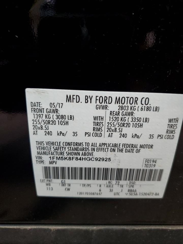 2017 Ford Explorer VIN 1FM5K8F84HGC92925 Copart auction photo, front end / rear end damage thumbnail 14