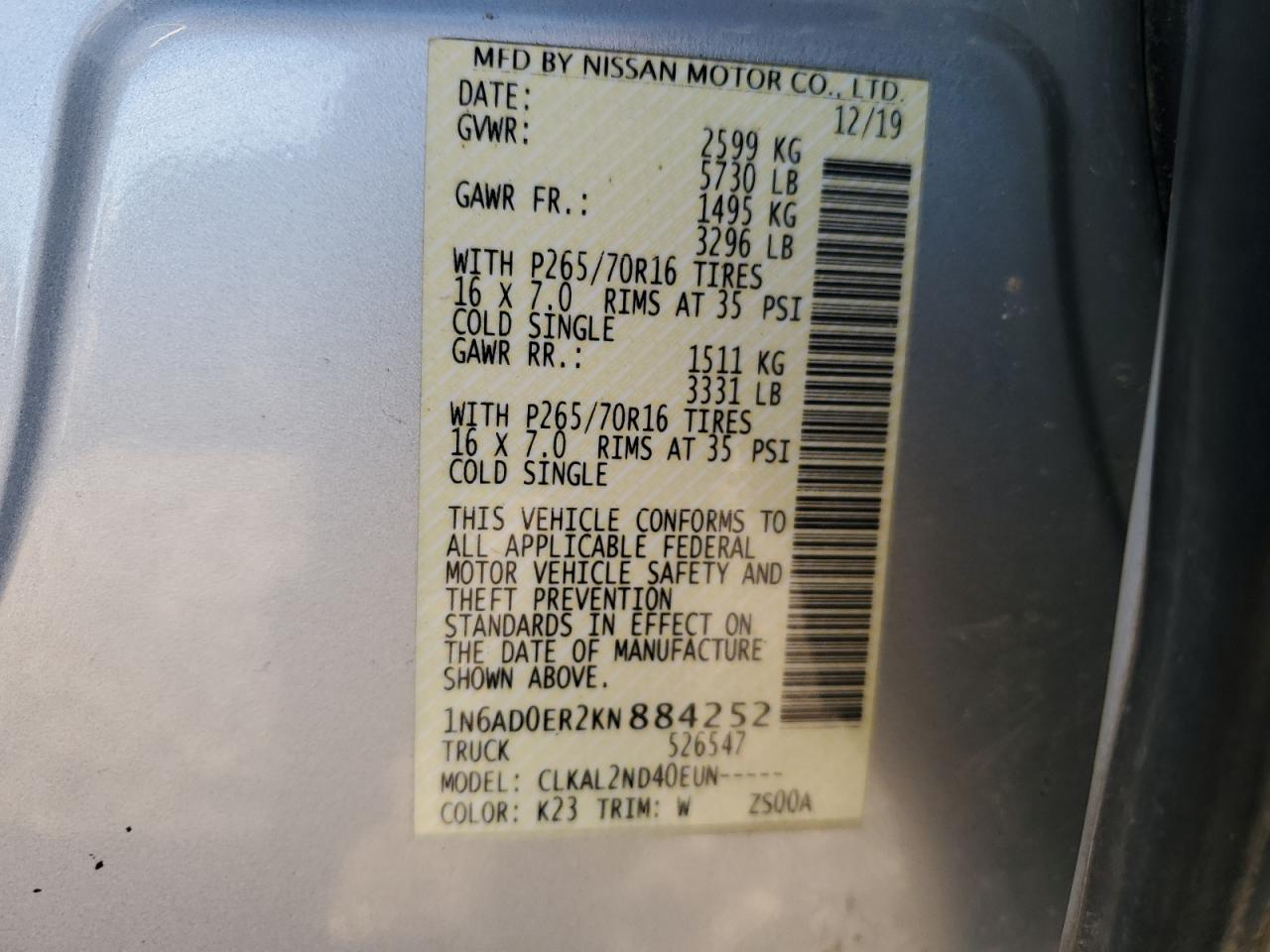 2019 Nissan Navara (Frontier) VIN 1N6AD0ER2KN884252 Copart auction photo, front end / minor dent/scratches damage thumbnail 14
