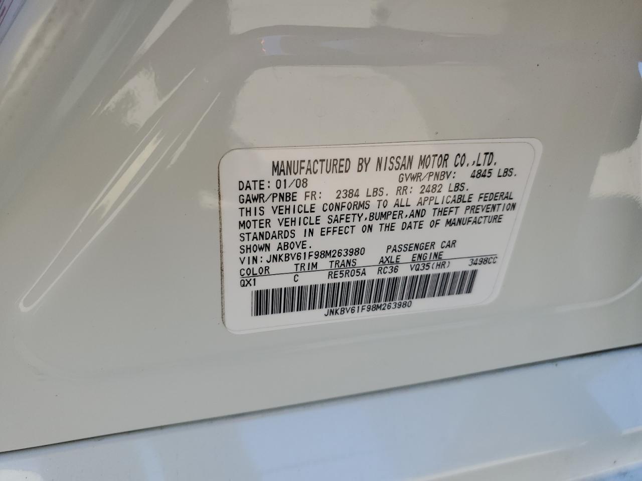 2008 Infiniti G VIN JNKBV61F98M263980 Copart auction photo, side damage thumbnail 13