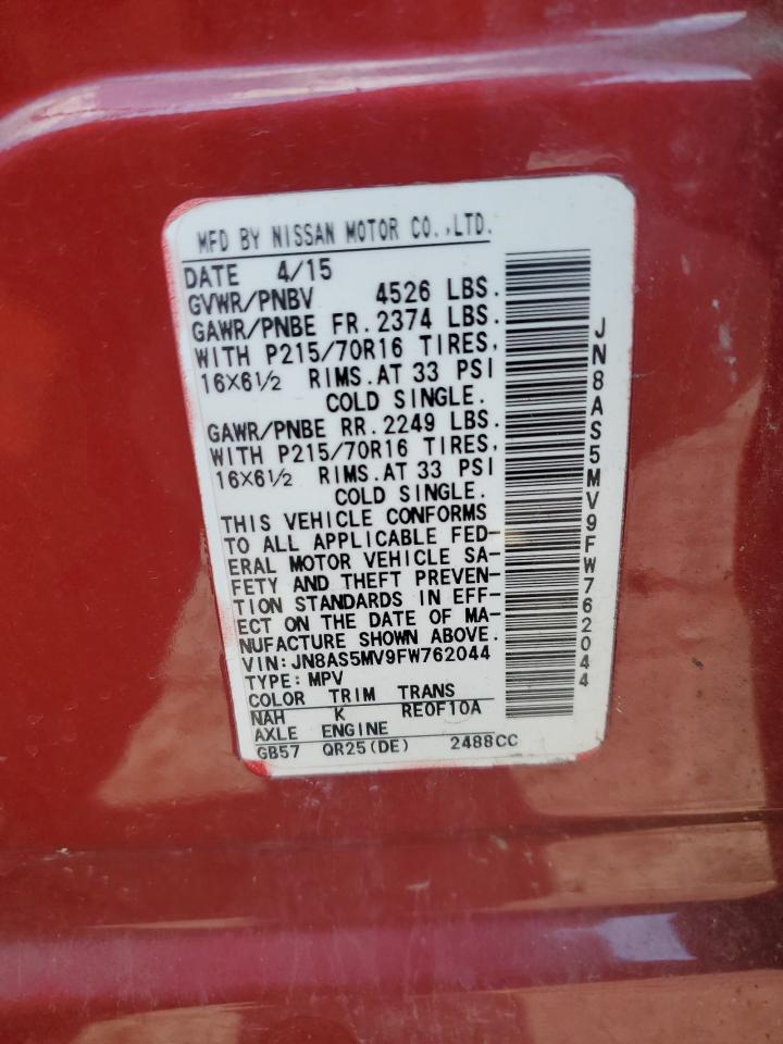 2015 Nissan Rogue VIN JN8AS5MV9FW762044 Copart auction photo, front end / side damage thumbnail 14