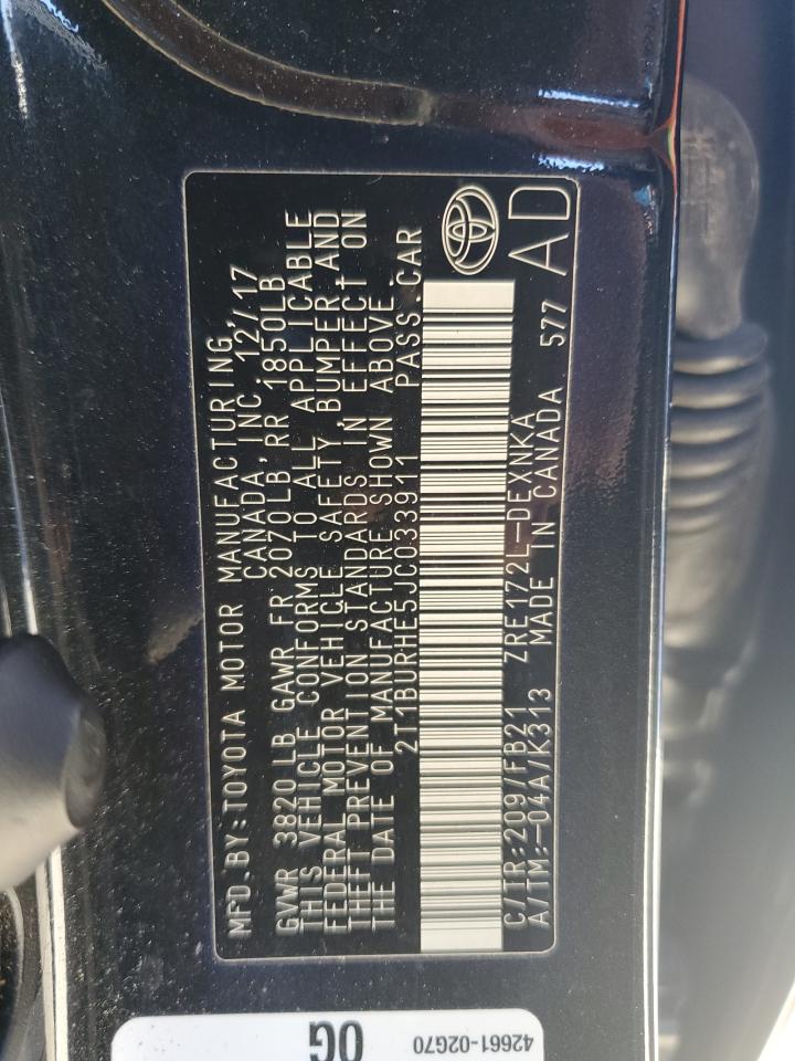 2018 Toyota Corolla VIN 2T1BURHE5JC033911 Copart auction photo, front end / undercarriage damage thumbnail 12