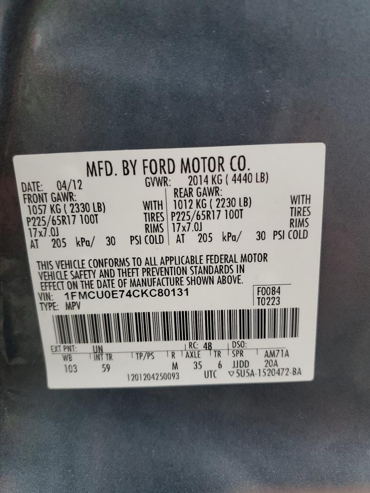 2012 Ford Escape VIN 1FMCU0E74CKC80131 Copart auction photo, front end / side damage thumbnail 16