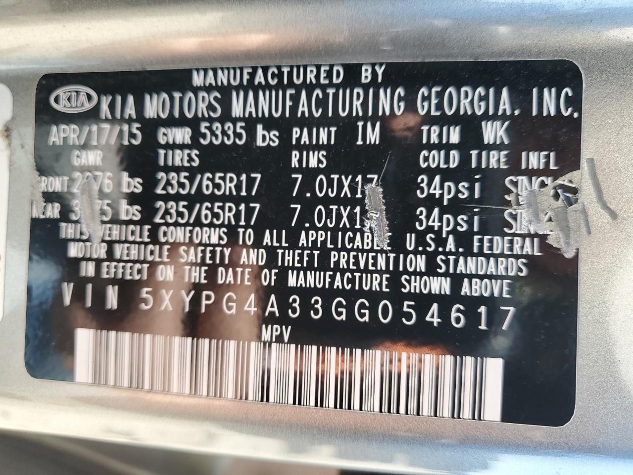 2016 KIA Sorento VIN 5XYPG4A33GG054617 Copart auction photo, mechanical damage thumbnail 12