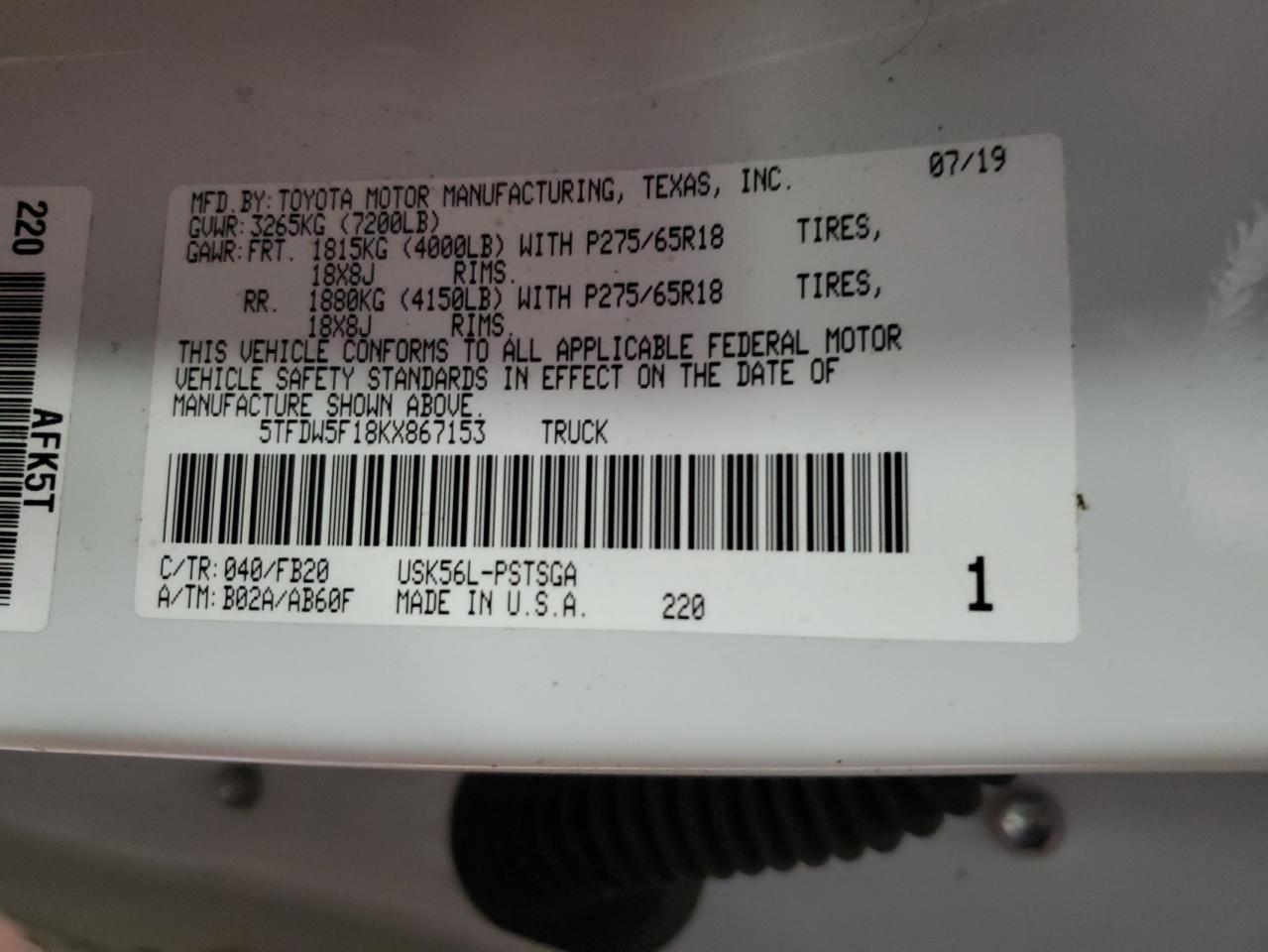 2019 Toyota Tundra VIN 5TFDW5F18KX867153 Copart auction photo, front end / side damage thumbnail 14