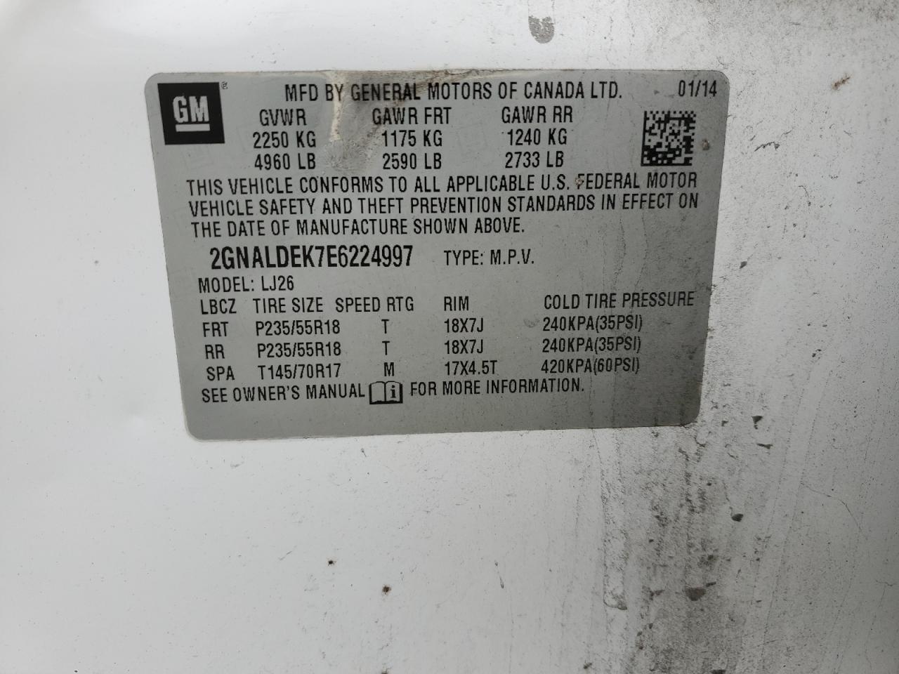 2014 Chevrolet Equinox VIN 2GNALDEK7E6224997 Copart auction photo, front end / rear end damage thumbnail 14