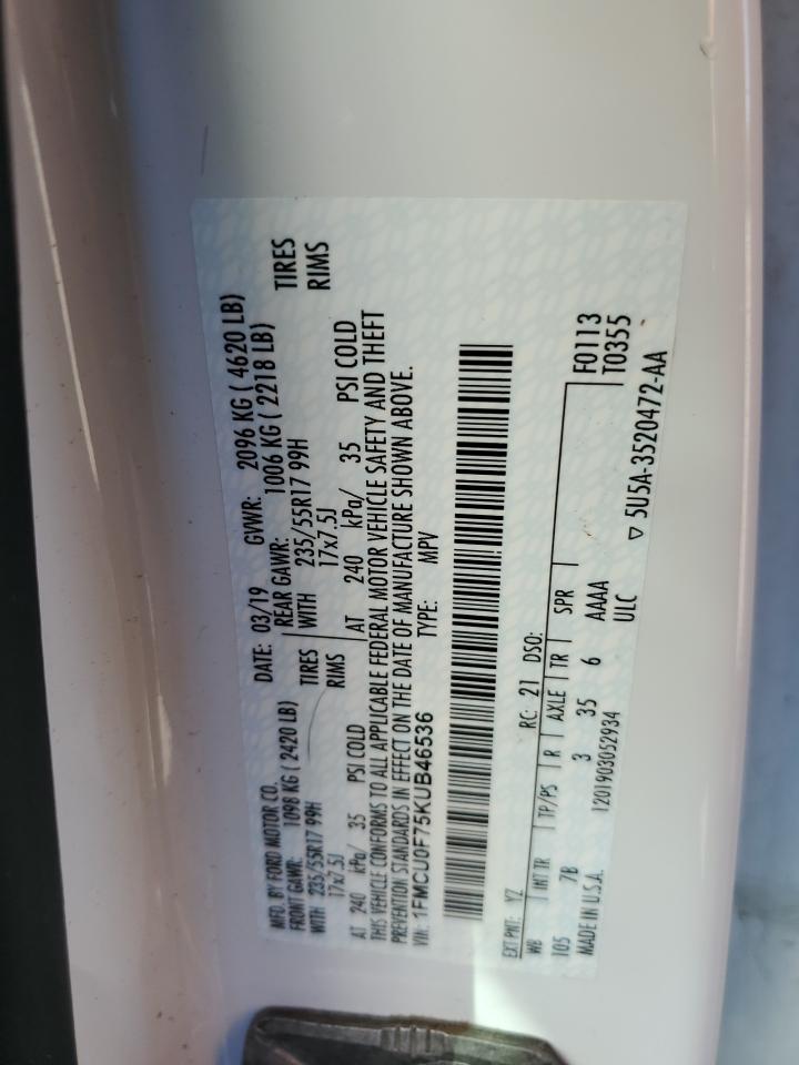 2019 Ford Escape VIN 1FMCU0F75KUB46536 Copart auction photo, all over damage thumbnail 12