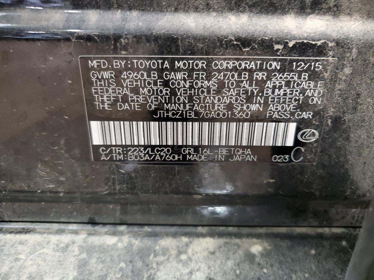2016 Lexus GS VIN JTHCZ1BL7GA001360 Copart auction photo, front end damage thumbnail 13