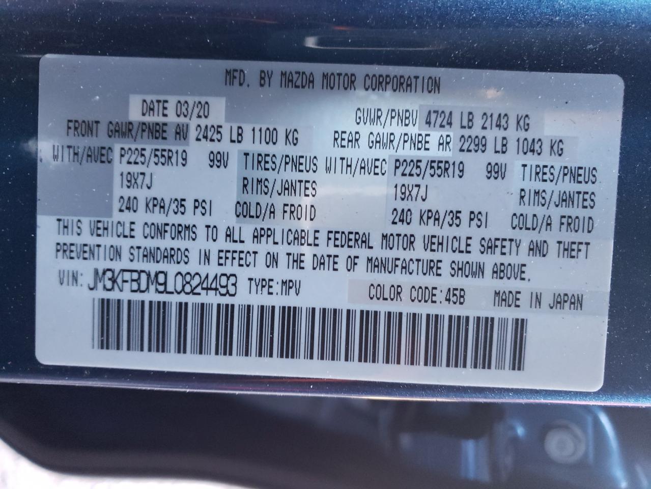 2020 Mazda CX-5 VIN JM3KFBDM9L0824493 Copart auction photo, rear end / side damage thumbnail 13