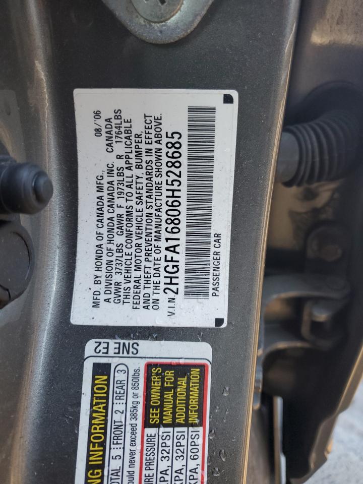 2006 Honda Civic VIN 2HGFA16806H528685 Copart auction photo, rear end / minor dent/scratches damage thumbnail 12