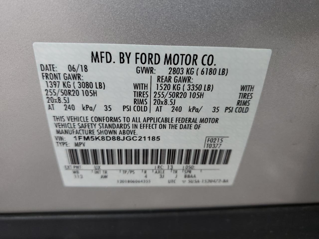 2018 Ford Explorer VIN 1FM5K8D88JGC21185 Copart auction photo, front end / side damage thumbnail 14