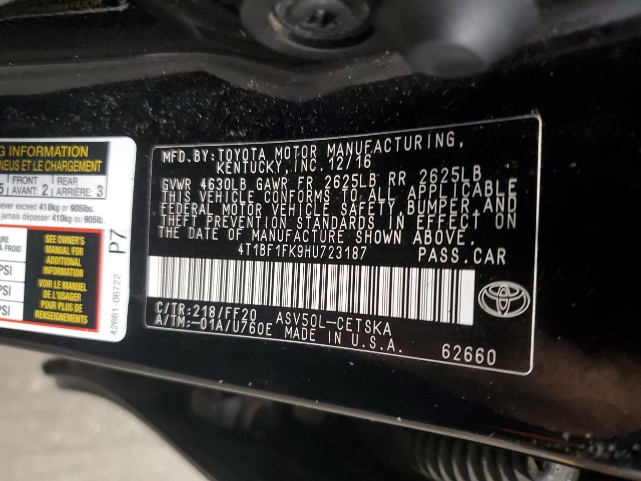 2017 Toyota Camry VIN 4T1BF1FK9HU723187 Copart auction photo, front end damage thumbnail 13