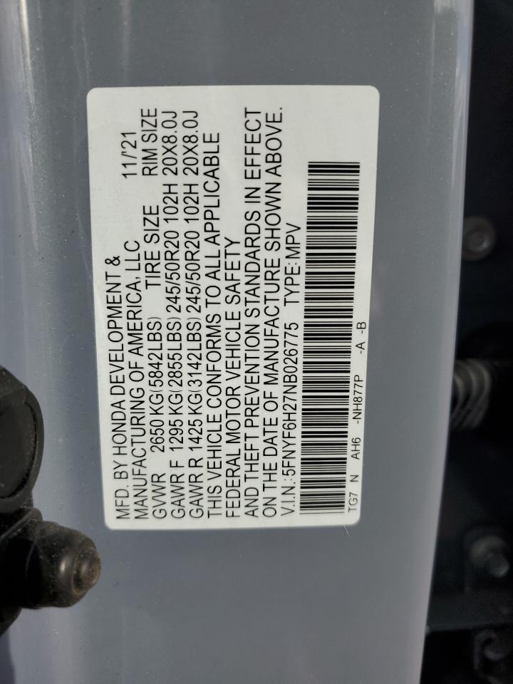 2022 Honda Pilot VIN 5FNYF6H27NB026775 Copart auction photo, front end damage thumbnail 13