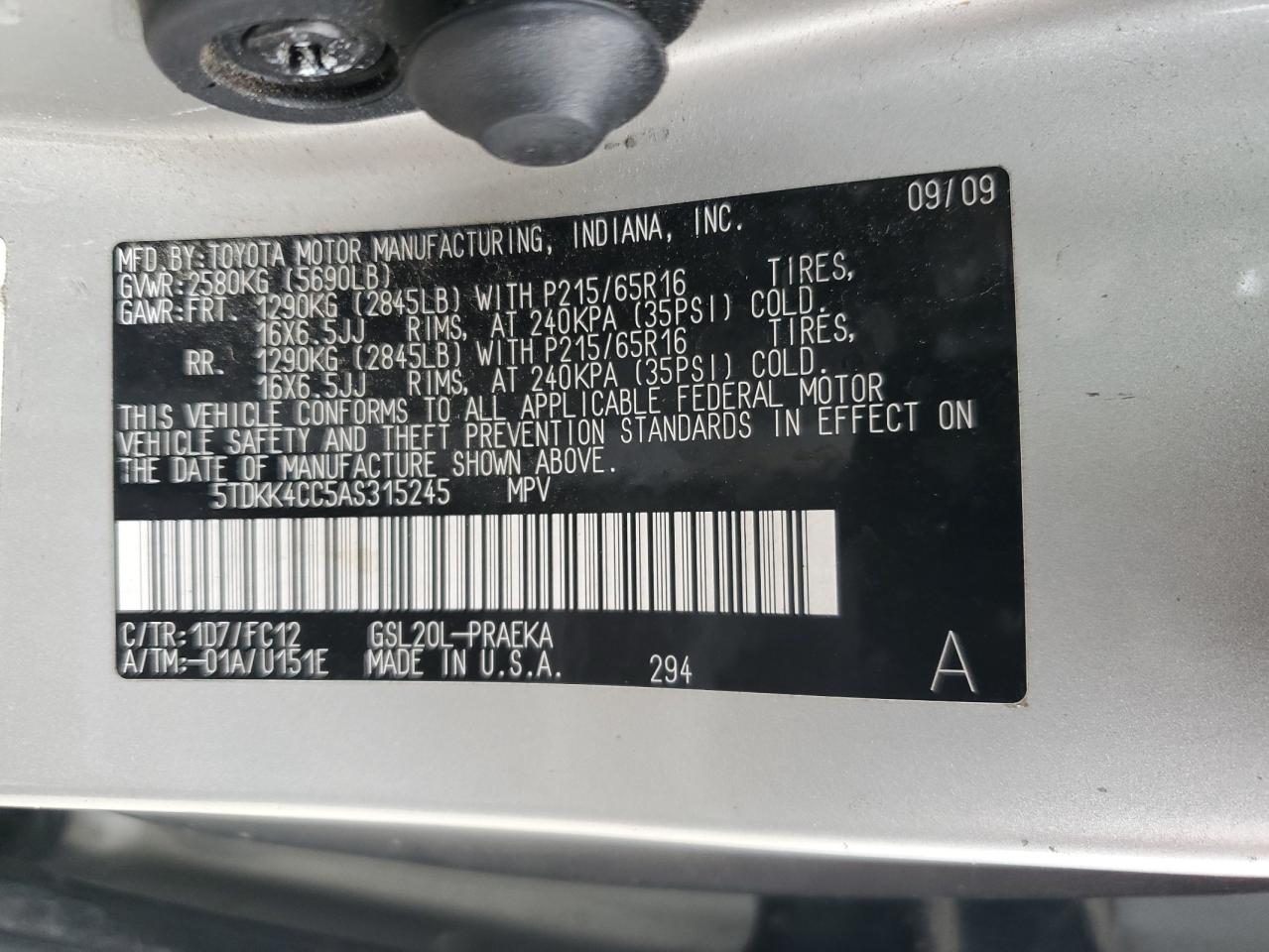 2010 Toyota Sienna VIN 5TDKK4CC5AS315245 Copart auction photo, burn - interior / burn damage thumbnail 13