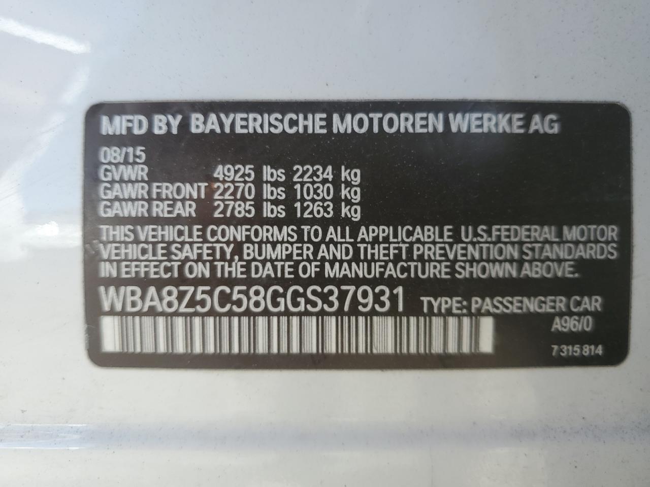 2016 BMW 3er VIN WBA8Z5C58GGS37931 Copart auction photo, water/flood damage thumbnail 12