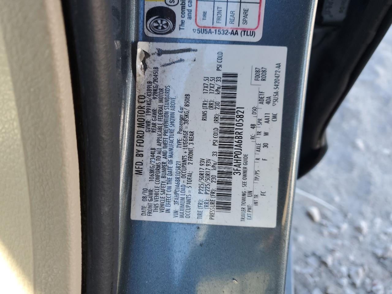 2011 Ford Fusion VIN 3FAHP0JA6BR105821 Copart auction photo, front end damage thumbnail 12