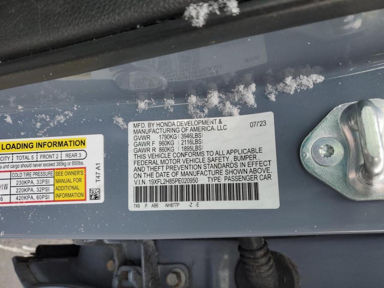 2023 Honda Civic VIN 19XFL2H85PE020950 Copart auction photo, front end / side damage thumbnail 13