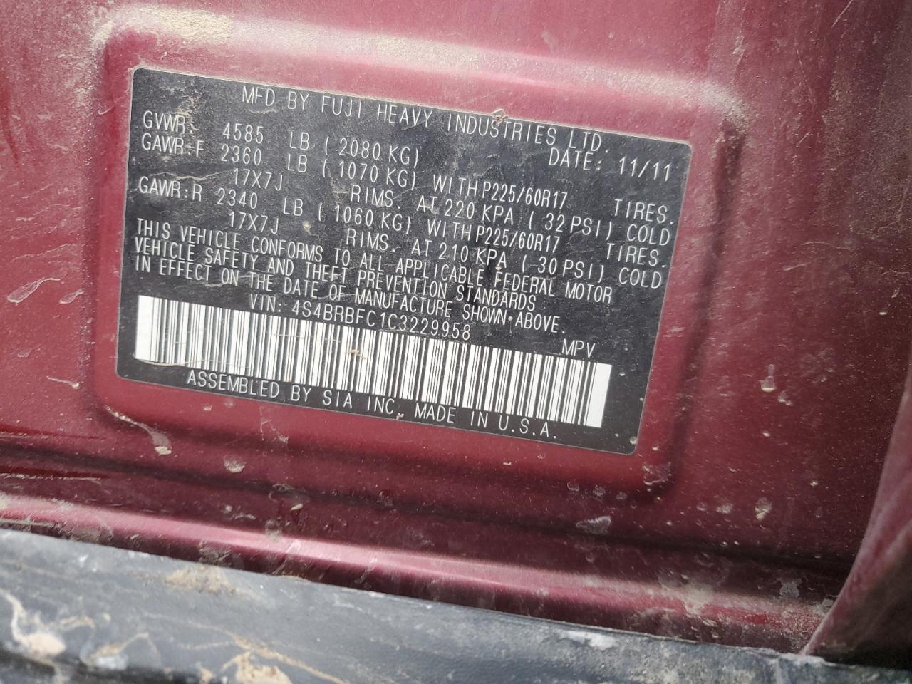 2012 Subaru Outback VIN 4S4BRBFC1C3229958 Copart auction photo, all over damage thumbnail 12