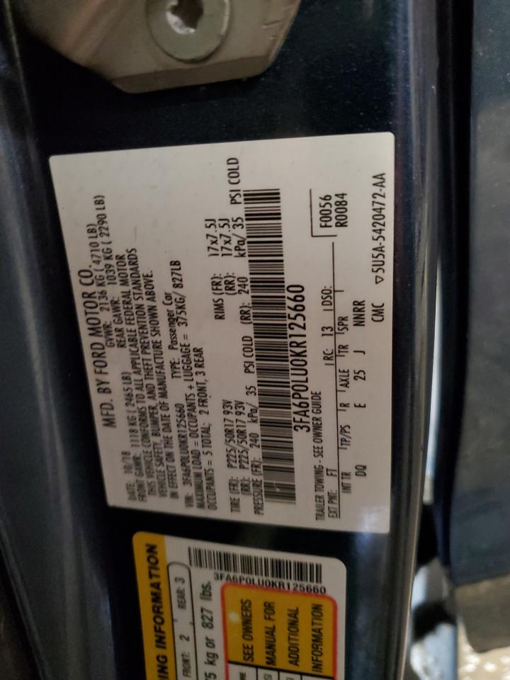 2019 Ford Fusion VIN 3FA6P0LU0KR125660 Copart auction photo, front end damage thumbnail 13