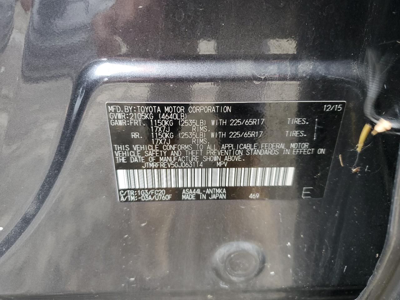 2016 Toyota RAV 4 VIN JTMRFREV5GJ063114 Copart auction photo, front end / side damage thumbnail 14