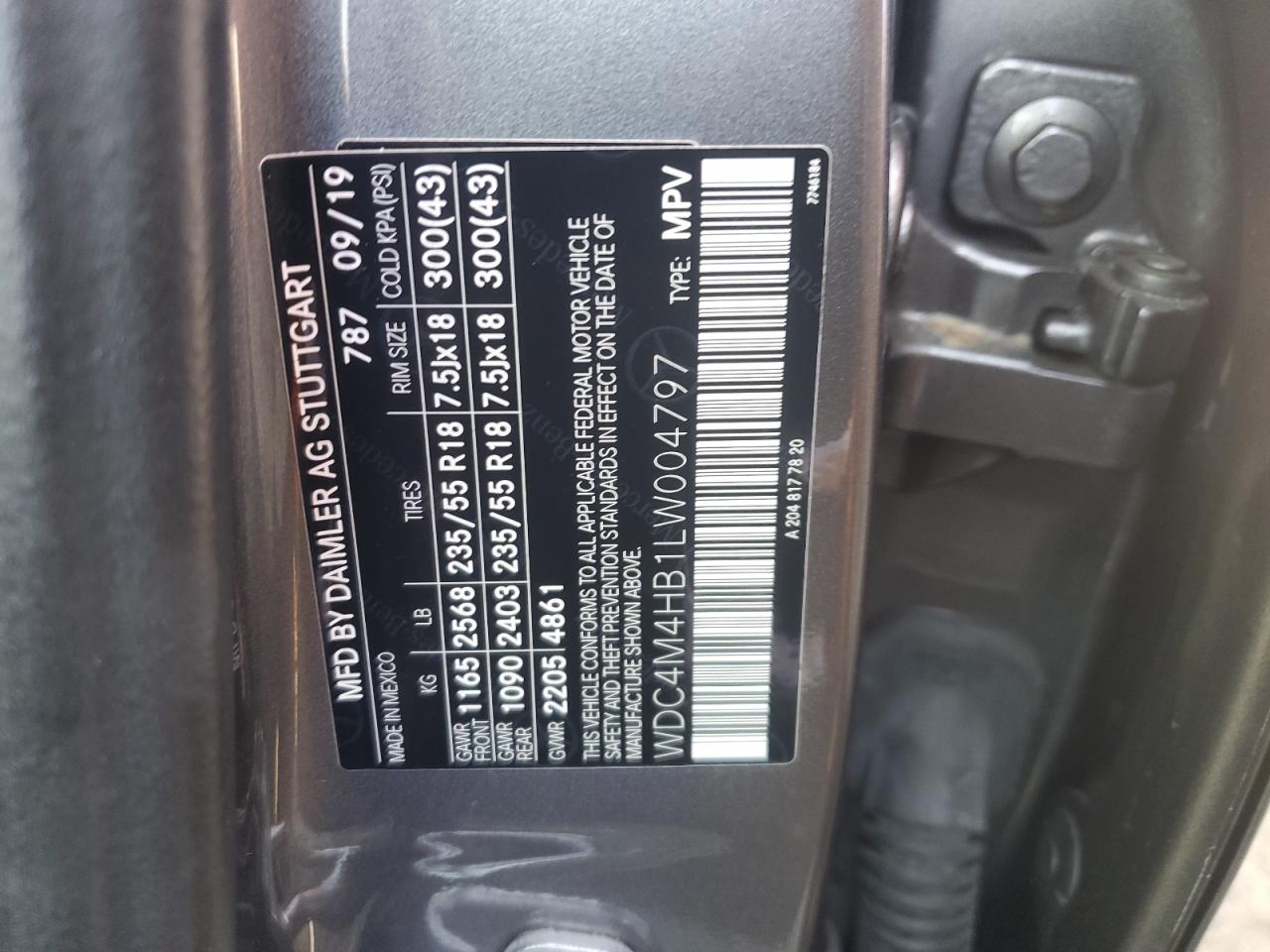 2020 Mercedes-Benz GLB VIN WDC4M4HB1LW004797 Copart auction photo, front end damage thumbnail 13
