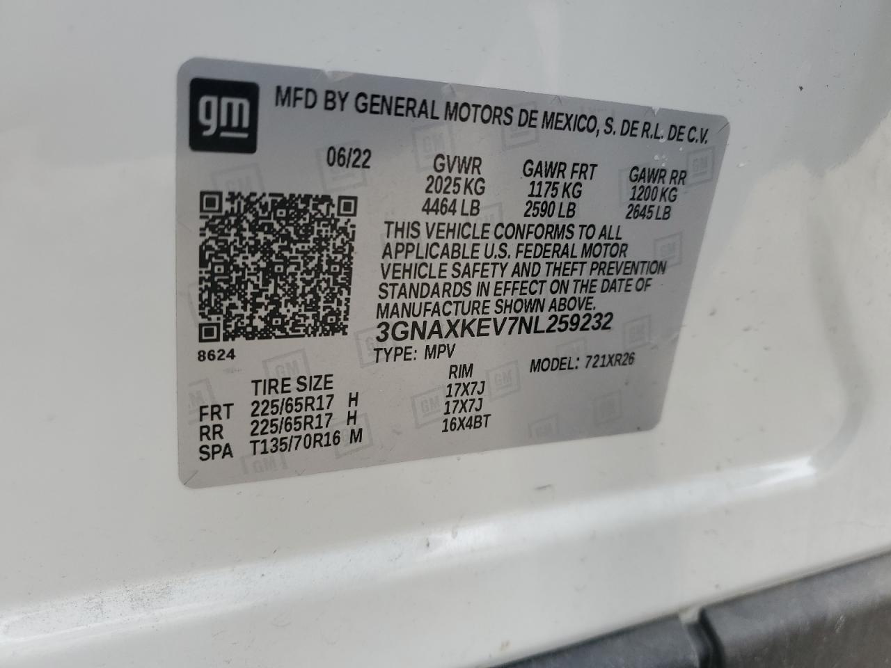 2022 Chevrolet Equinox VIN 3GNAXKEV7NL259232 Copart auction photo, side / rear end damage thumbnail 13