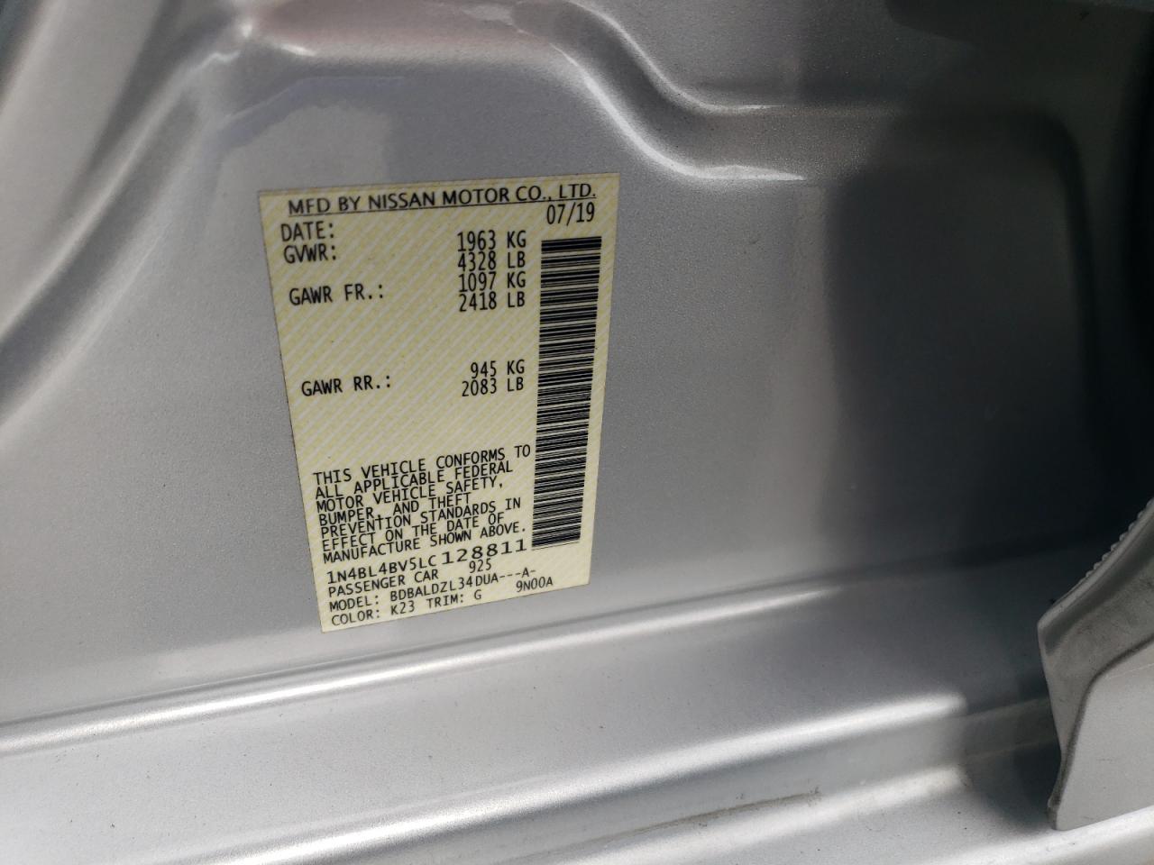 2020 Nissan Altima VIN 1N4BL4BV5LC128811 Copart auction photo, side / front end damage thumbnail 14