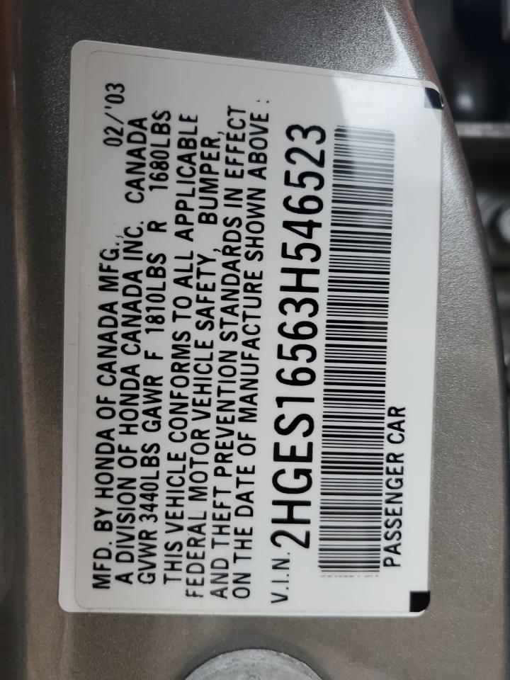2003 Honda Civic VIN 2HGES16563H546523 Copart auction photo, front end / side damage thumbnail 12