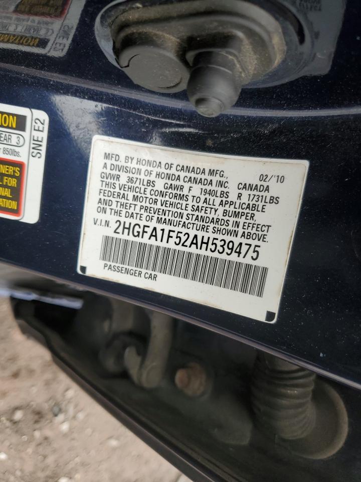 2010 Honda Civic VIN 2HGFA1F52AH539475 Copart auction photo, side / rear end damage thumbnail 13