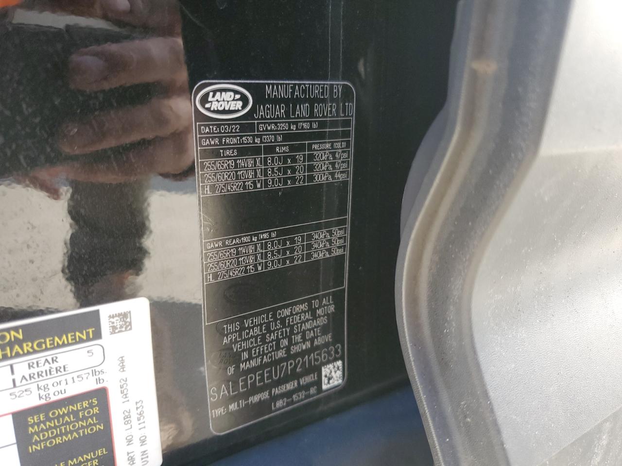 2023 Land Rover Defender VIN SALEPEEU7P2115633 Copart auction photo, top/roof damage thumbnail 14