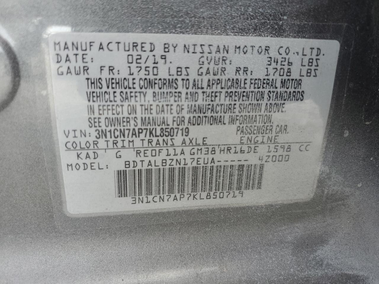 2019 Nissan Versa VIN 3N1CN7AP7KL850719 Copart auction photo, rear end / side damage thumbnail 14