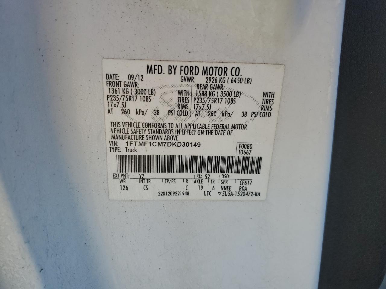 2013 Ford F-150 VIN 1FTMF1CM7DKD30149 Copart auction photo, rear end / front end damage thumbnail 12