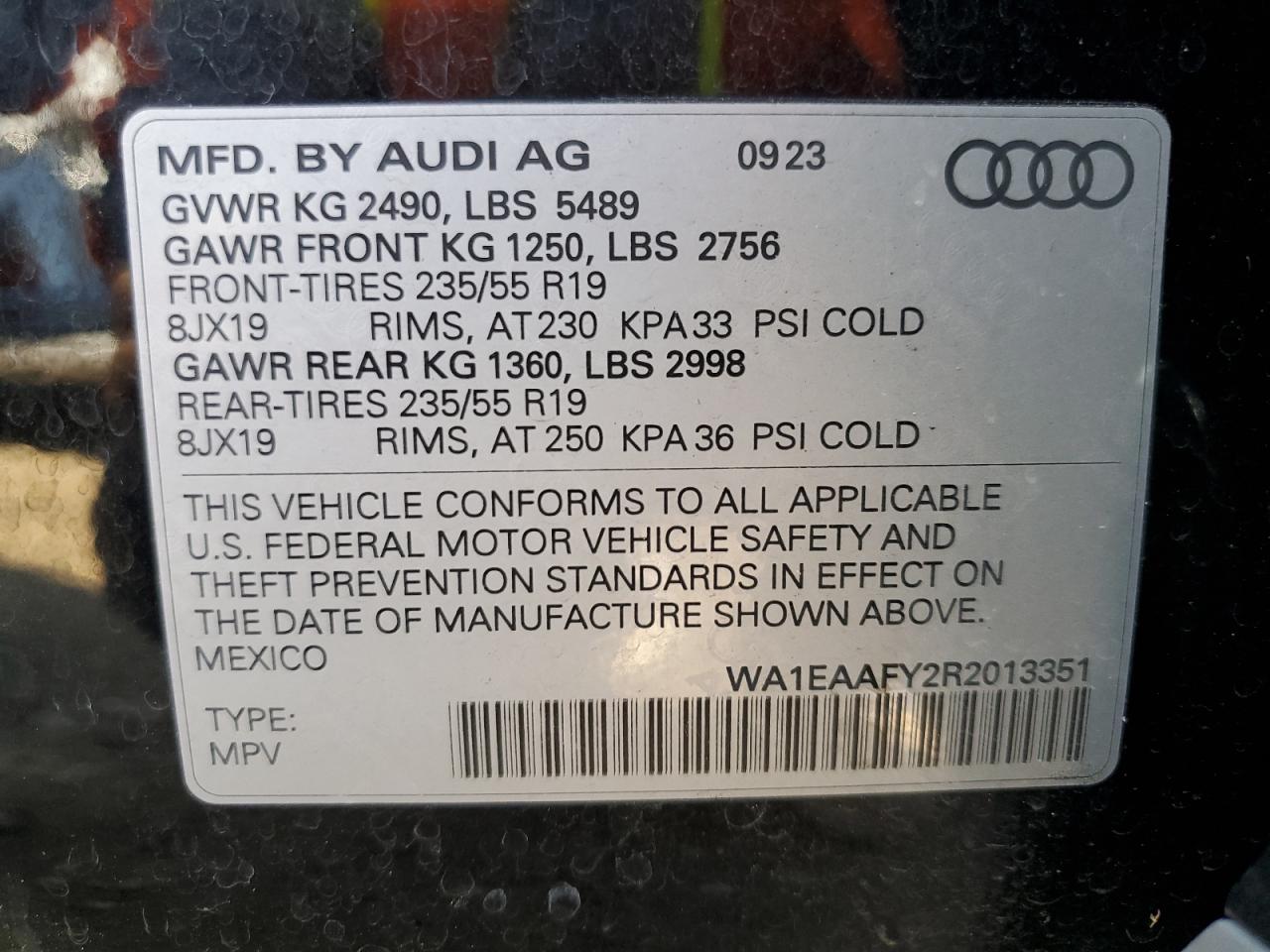 2024 Audi Q5 VIN WA1EAAFY2R2013351 Copart auction photo, rear end / front end damage thumbnail 14