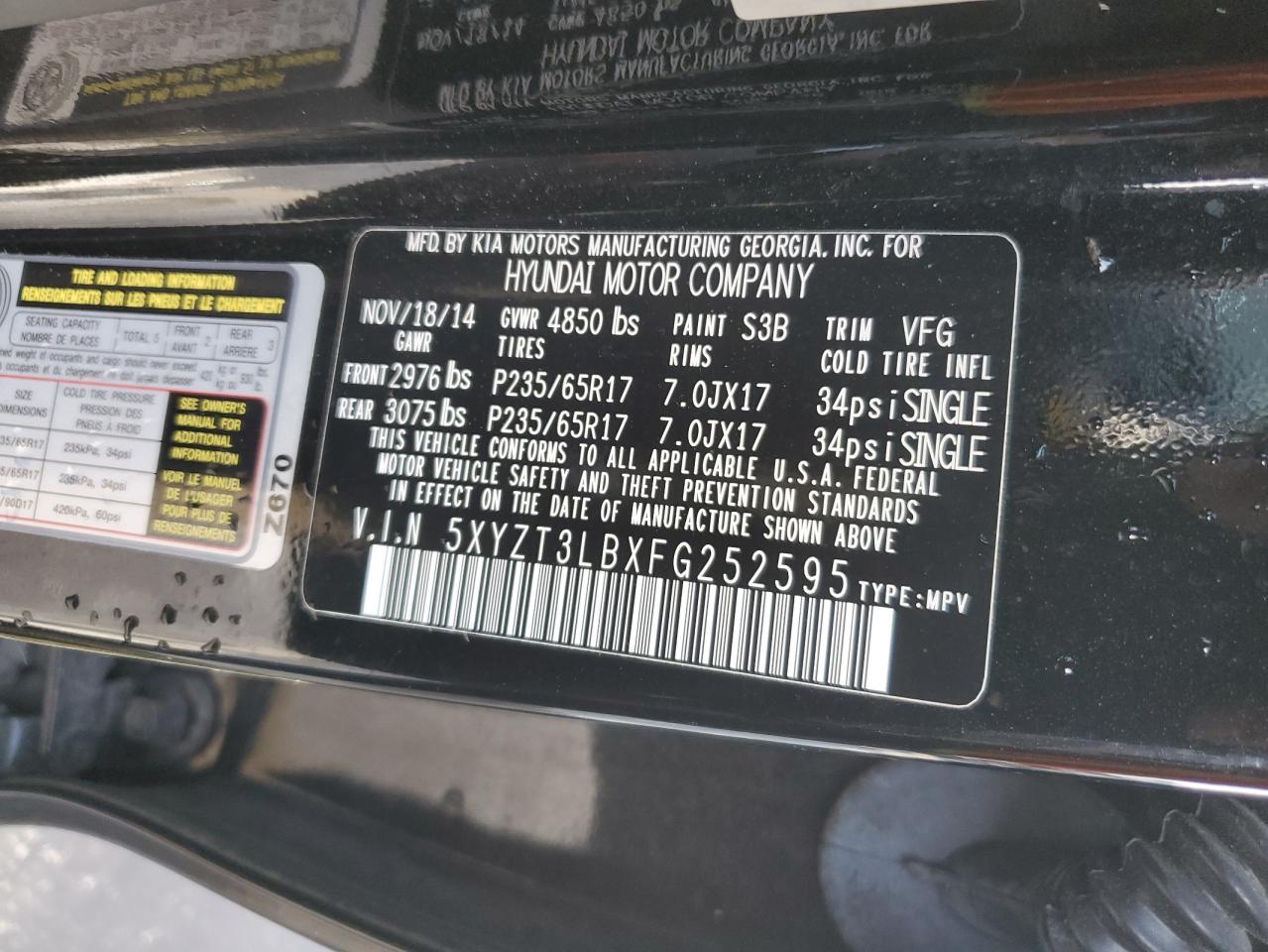 2015 Hyundai Santa Fe VIN 5XYZT3LBXFG252595 Copart auction photo, rear end damage thumbnail 14