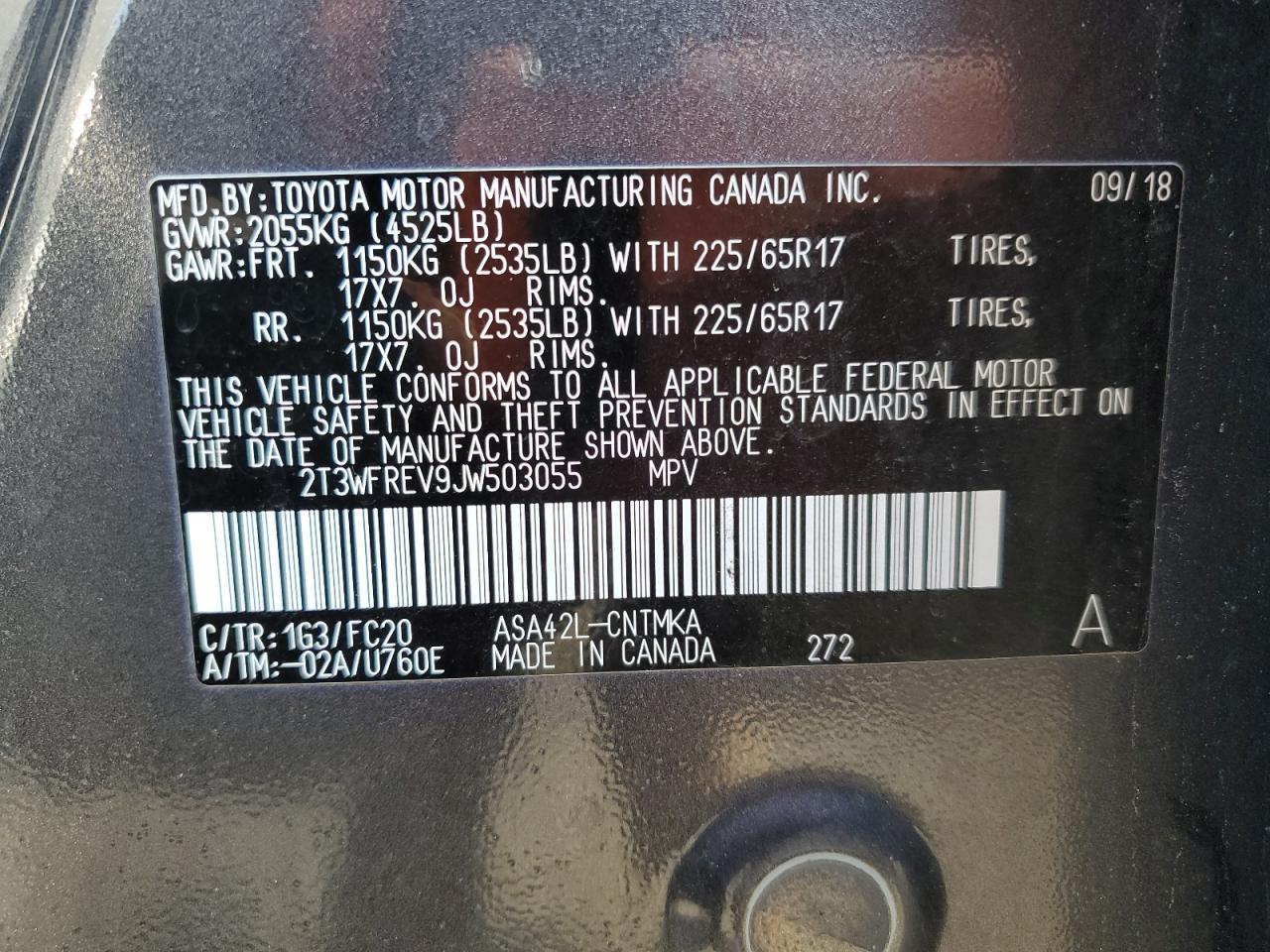 2018 Toyota RAV 4 VIN 2T3WFREV9JW503055 Copart auction photo, rear end / all over damage thumbnail 13