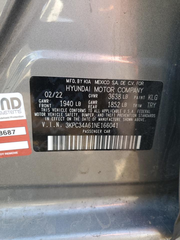 2022 Hyundai Accent VIN 3KPC34A61NE166041 Copart auction photo, rear end damage thumbnail 12