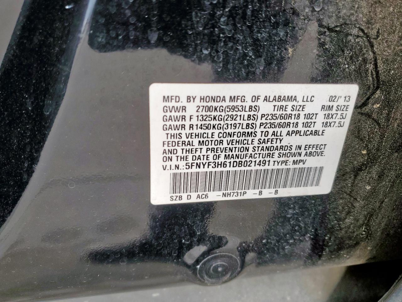 2013 Honda Pilot VIN 5FNYF3H61DB021491 Copart auction photo, front end damage thumbnail 12