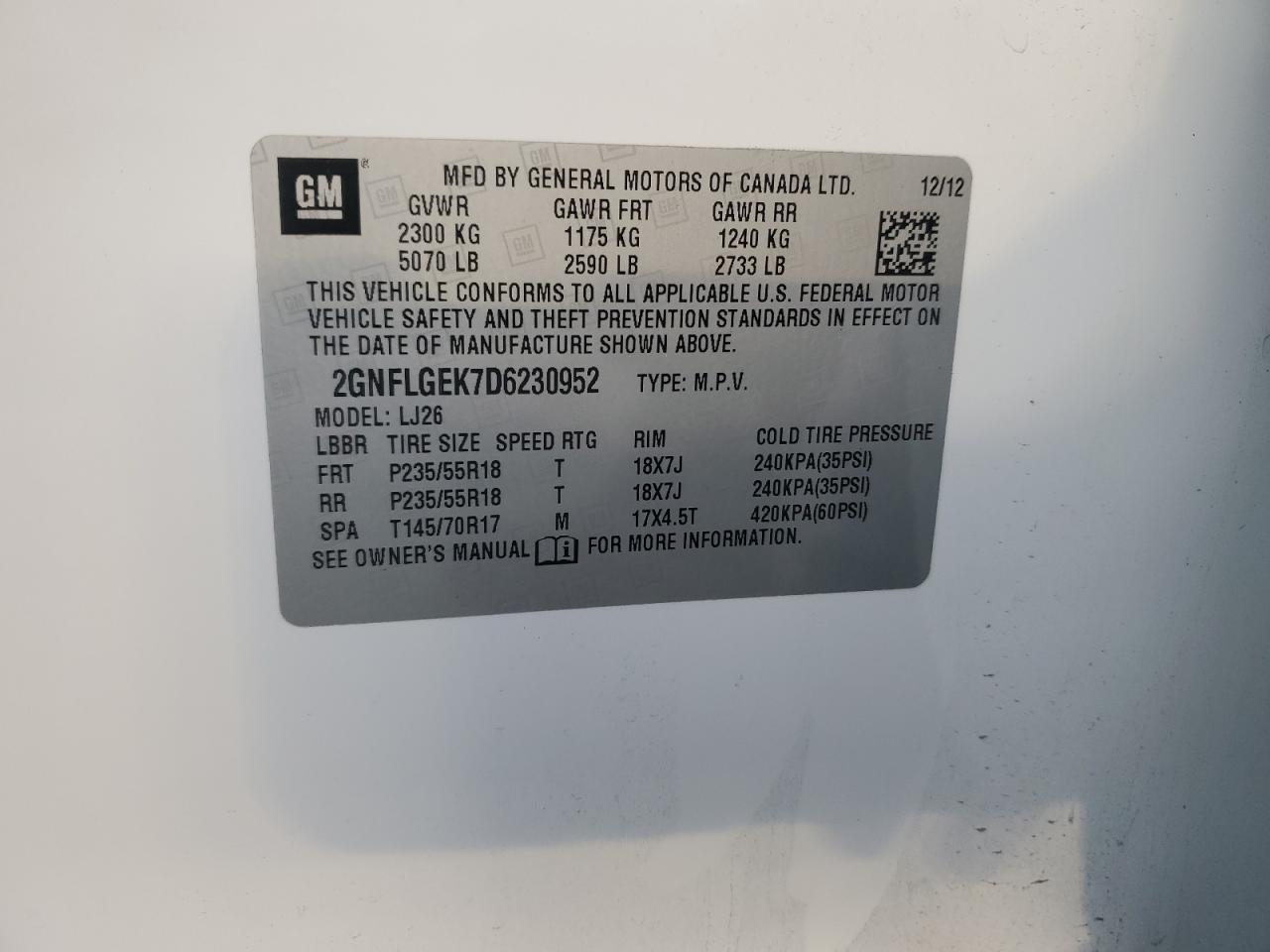 2013 Chevrolet Equinox VIN 2GNFLGEK7D6230952 Copart auction photo, front end / undercarriage damage thumbnail 15