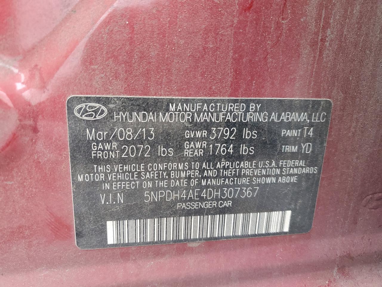 2013 Hyundai Elantra VIN 5NPDH4AE4DH307367 Copart auction photo, front end damage thumbnail 13