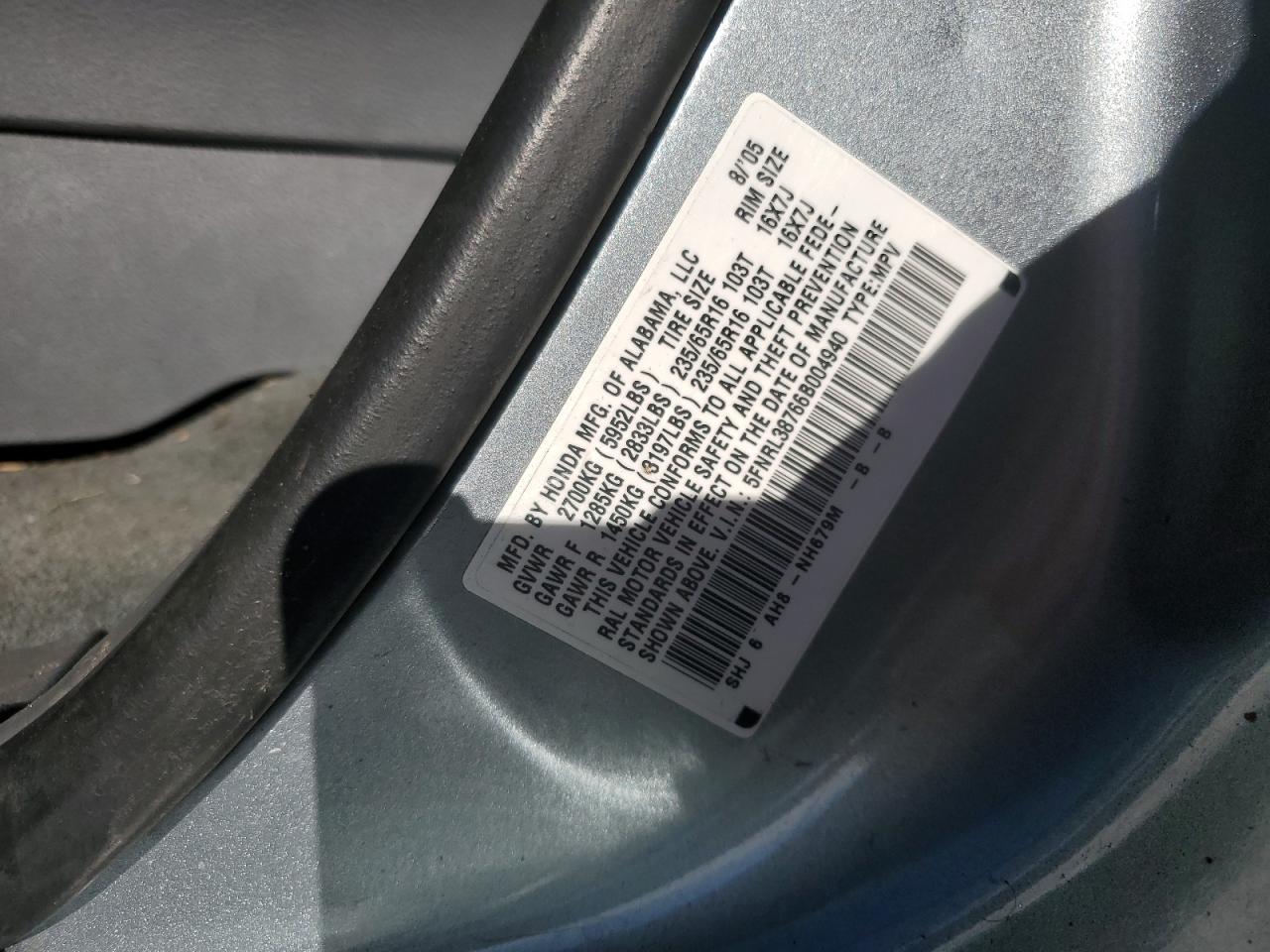 2006 Honda Odyssey VIN 5FNRL38766B004940 Copart auction photo, front end / rear end damage thumbnail 13